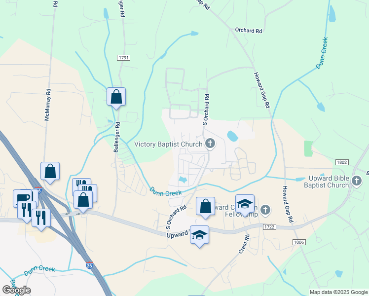 map of restaurants, bars, coffee shops, grocery stores, and more near 139 Thumper Woods Lane in Flat Rock