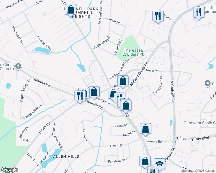 map of restaurants, bars, coffee shops, grocery stores, and more near 3109 Nevin Place Drive in Charlotte