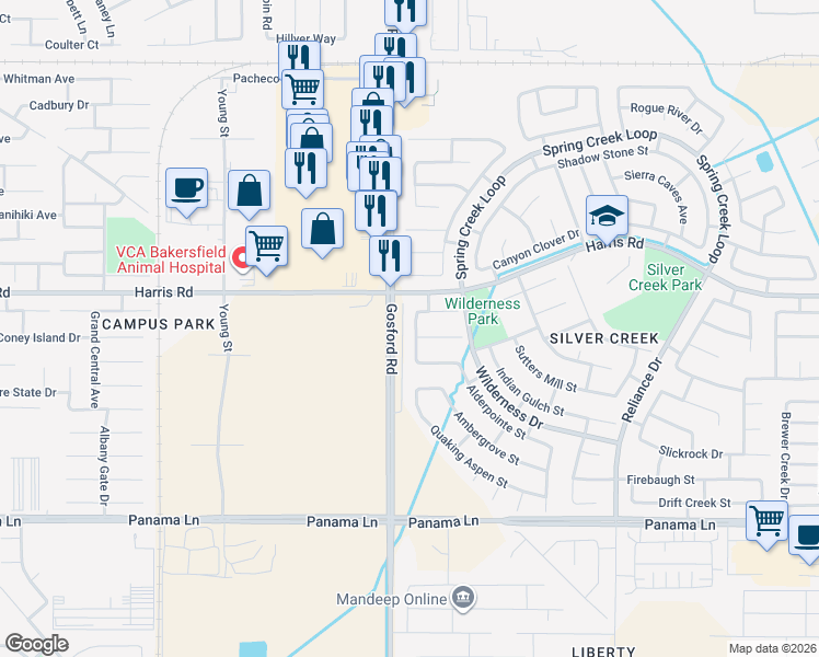 map of restaurants, bars, coffee shops, grocery stores, and more near 5717 Willowcrest Street in Bakersfield