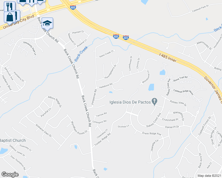 map of restaurants, bars, coffee shops, grocery stores, and more near 2510 Adonis Ct in Charlotte