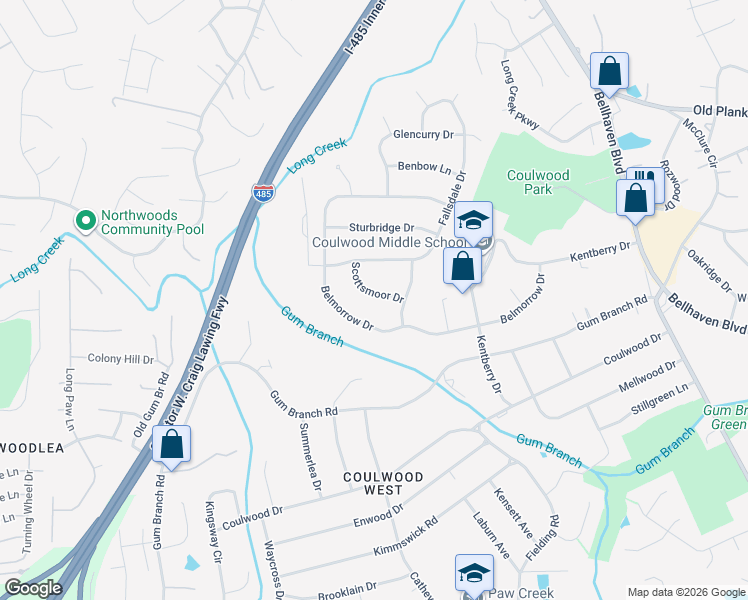 map of restaurants, bars, coffee shops, grocery stores, and more near 121 Scottsmoor Drive in Charlotte
