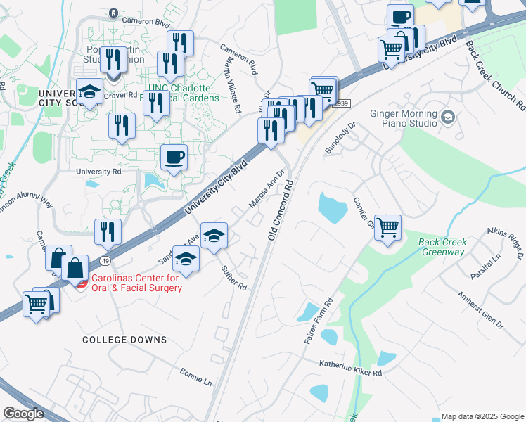 map of restaurants, bars, coffee shops, grocery stores, and more near 1630 Arlyn Circle in Charlotte
