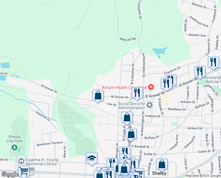 map of restaurants, bars, coffee shops, grocery stores, and more near 301 Best Street in Shelby
