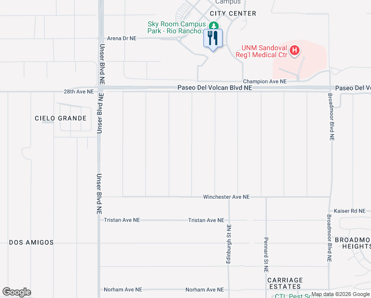 map of restaurants, bars, coffee shops, grocery stores, and more near 2627 Dunster Street Northeast in Rio Rancho