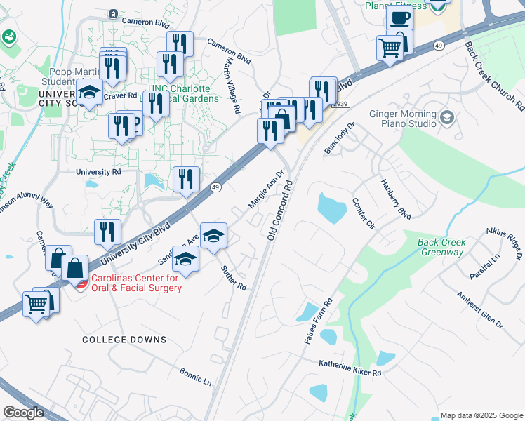 map of restaurants, bars, coffee shops, grocery stores, and more near 1630 Arlyn Circle in Charlotte