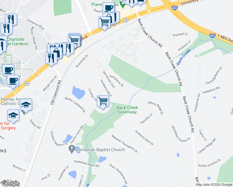 map of restaurants, bars, coffee shops, grocery stores, and more near 10707 Derryrush Drive in Charlotte