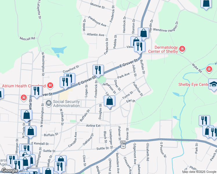 map of restaurants, bars, coffee shops, grocery stores, and more near 817 Jefferson Street in Shelby