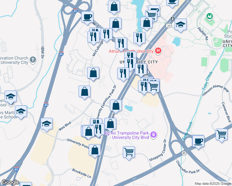 map of restaurants, bars, coffee shops, grocery stores, and more near 8320 University Executive Park Drive in Charlotte