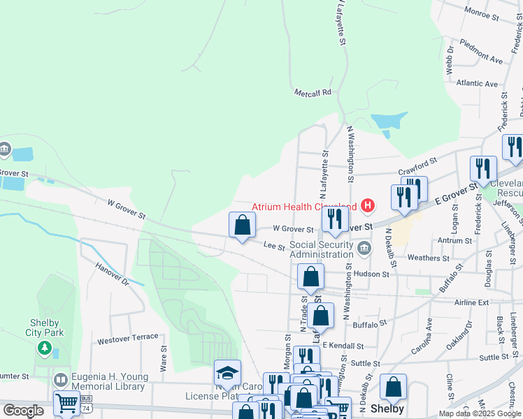map of restaurants, bars, coffee shops, grocery stores, and more near 301 Best Street in Shelby