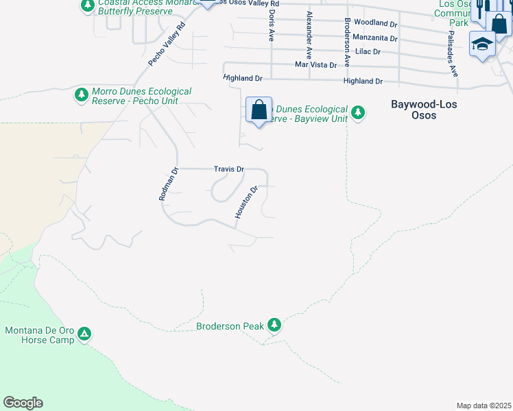 map of restaurants, bars, coffee shops, grocery stores, and more near 369 Travis Drive in Baywood-Los Osos