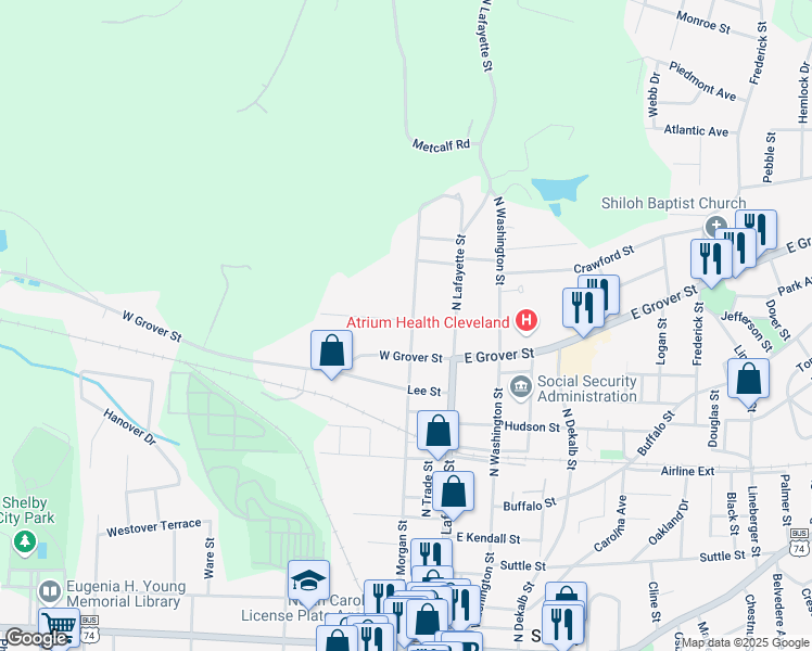 map of restaurants, bars, coffee shops, grocery stores, and more near 827 North Morgan Street in Shelby