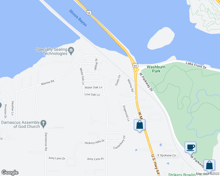 map of restaurants, bars, coffee shops, grocery stores, and more near 303 Ouita Circle in Russellville
