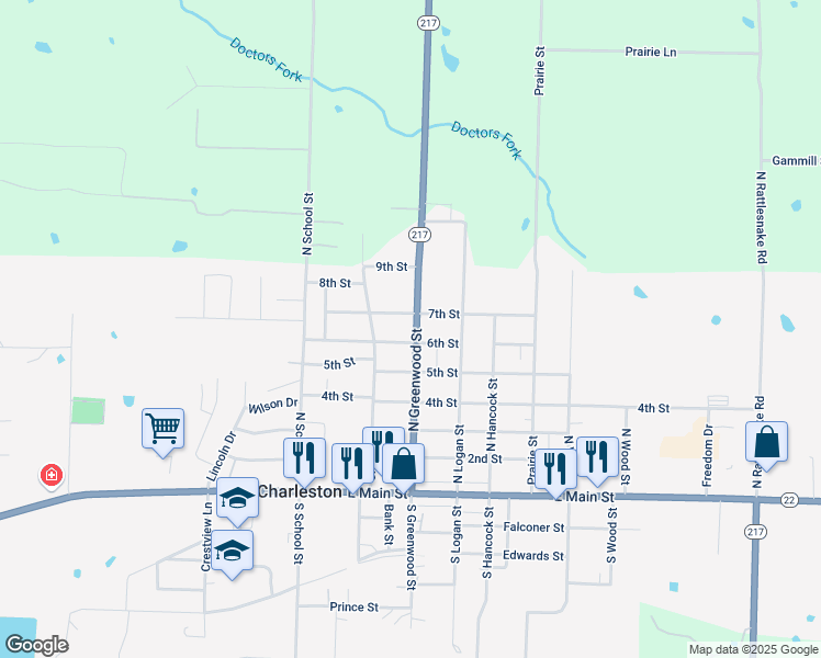 map of restaurants, bars, coffee shops, grocery stores, and more near 521 North Greenwood Street in Charleston