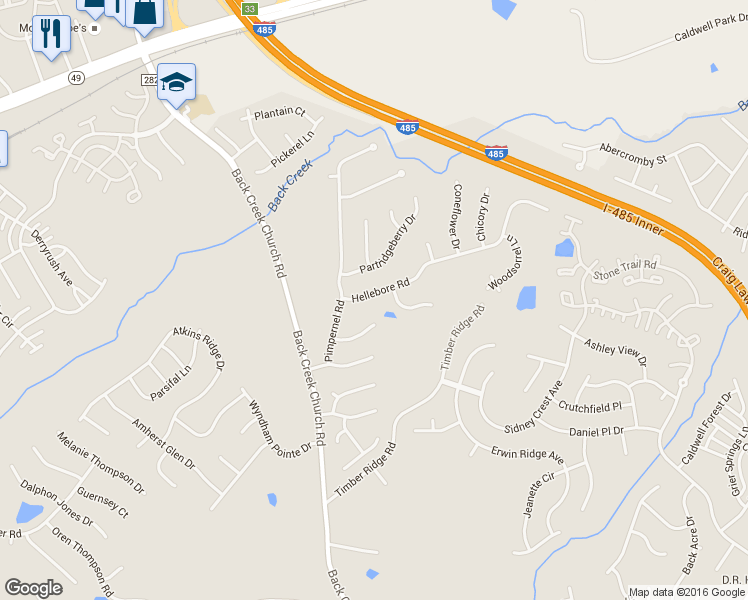 map of restaurants, bars, coffee shops, grocery stores, and more near 10411 Hellebore Road in Charlotte