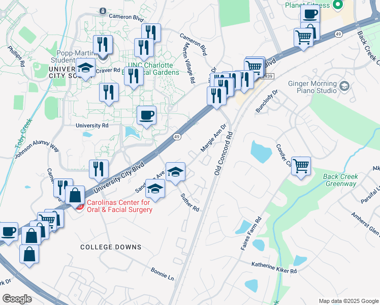 map of restaurants, bars, coffee shops, grocery stores, and more near 10009 Margie Ann Drive in Charlotte