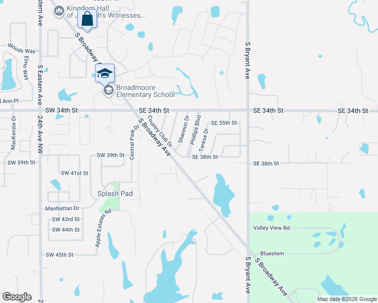 map of restaurants, bars, coffee shops, grocery stores, and more near 3804 Phillips Street in Moore