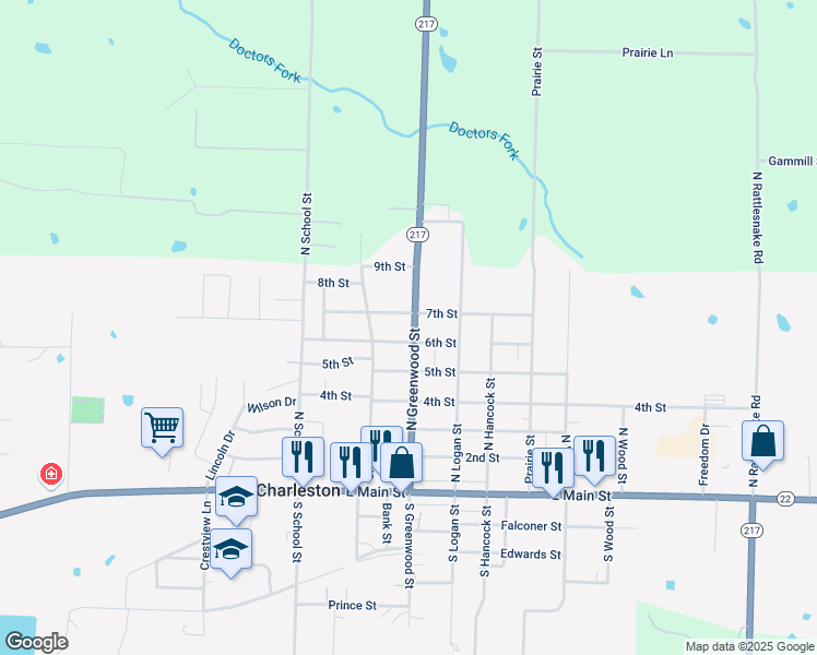 map of restaurants, bars, coffee shops, grocery stores, and more near 521 North Greenwood Street in Charleston