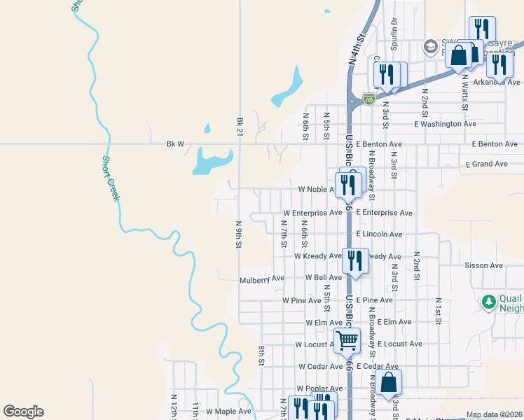 map of restaurants, bars, coffee shops, grocery stores, and more near 1100 North 8th Street in Sayre
