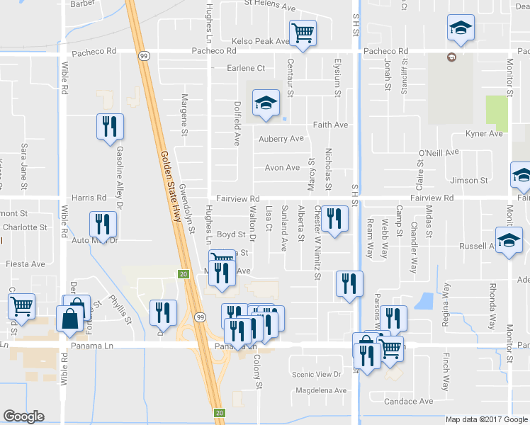 map of restaurants, bars, coffee shops, grocery stores, and more near 5713 Lisa Court in Bakersfield