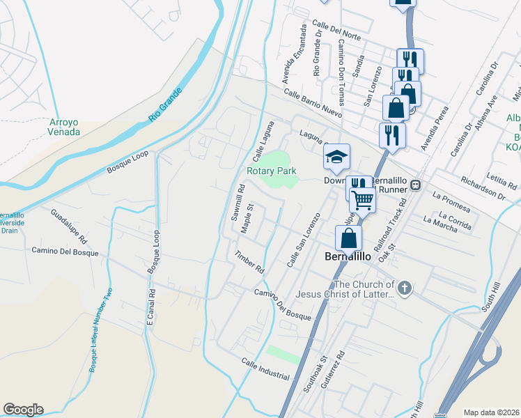 map of restaurants, bars, coffee shops, grocery stores, and more near 1118 Maple Street in Bernalillo