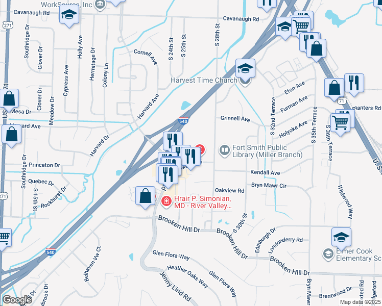 map of restaurants, bars, coffee shops, grocery stores, and more near 2605 Market Trace in Fort Smith