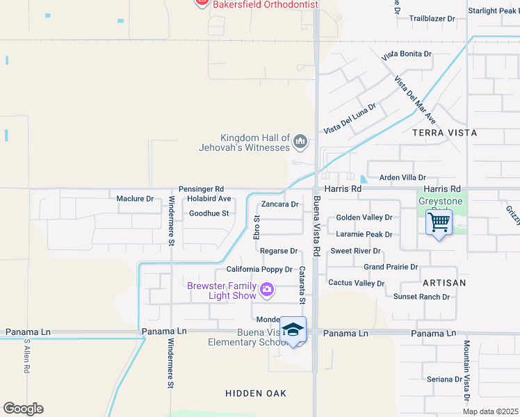 map of restaurants, bars, coffee shops, grocery stores, and more near 11607 Zancara Drive in Bakersfield