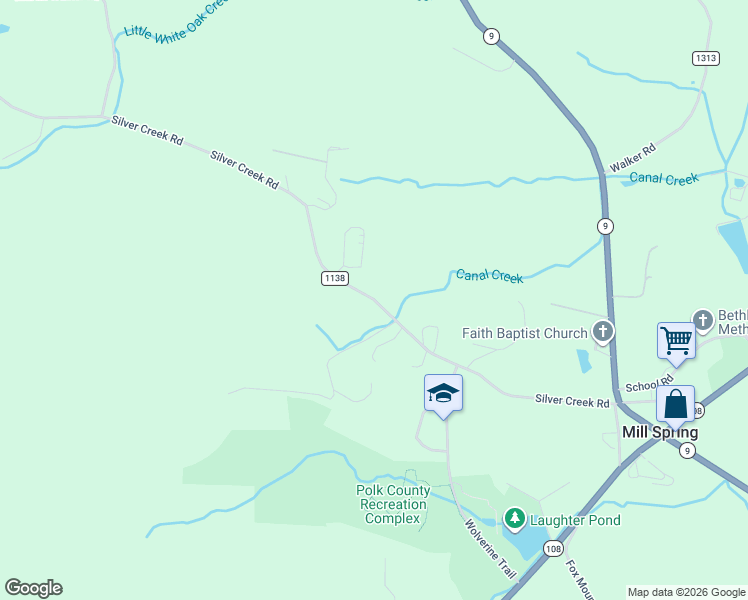 map of restaurants, bars, coffee shops, grocery stores, and more near State Road 1138 in Mill Spring