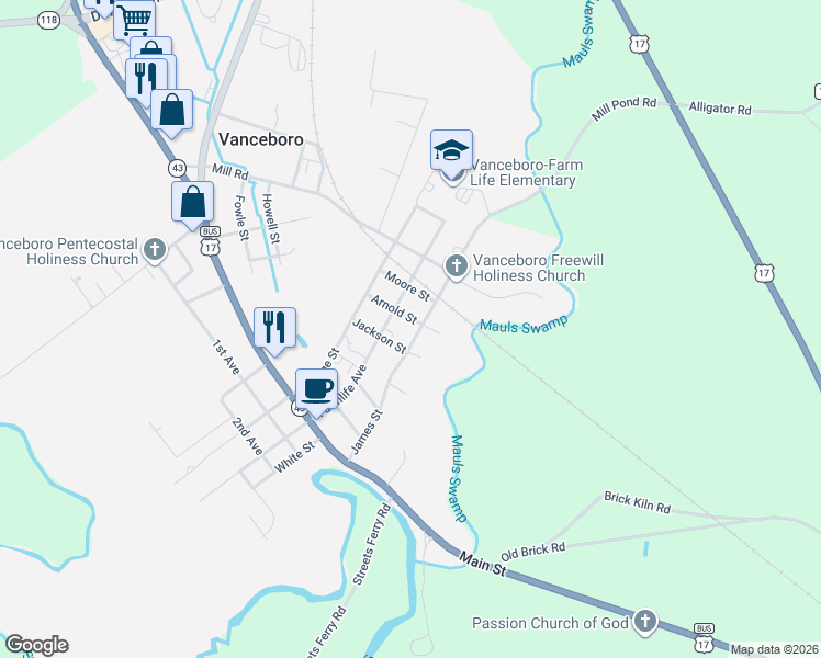 map of restaurants, bars, coffee shops, grocery stores, and more near 306 Mill Avenue in Vanceboro