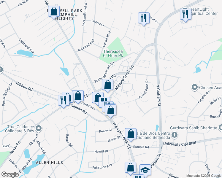 map of restaurants, bars, coffee shops, grocery stores, and more near 6350 Mallard View Lane in Charlotte