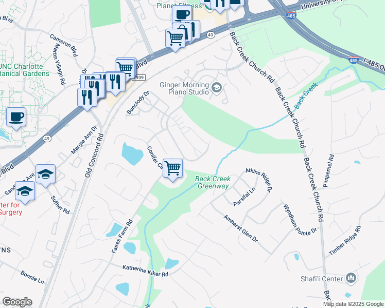 map of restaurants, bars, coffee shops, grocery stores, and more near 10707 Derryrush Drive in Charlotte
