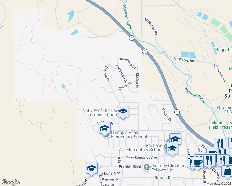 map of restaurants, bars, coffee shops, grocery stores, and more near 699 Patricia Dr in San Luis Obispo
