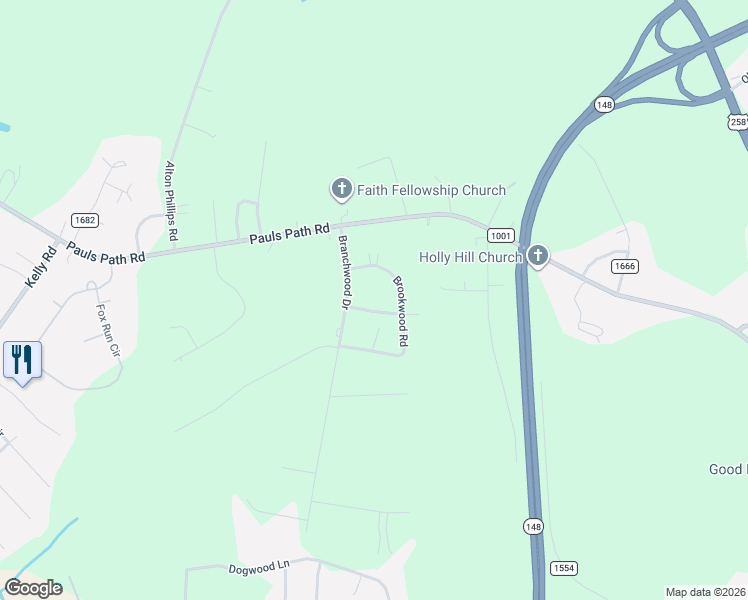 map of restaurants, bars, coffee shops, grocery stores, and more near 2789 Branchwood Drive in Kinston