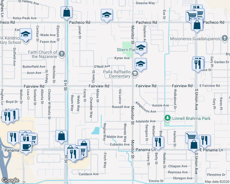 map of restaurants, bars, coffee shops, grocery stores, and more near 5712 Osborne Street in Bakersfield