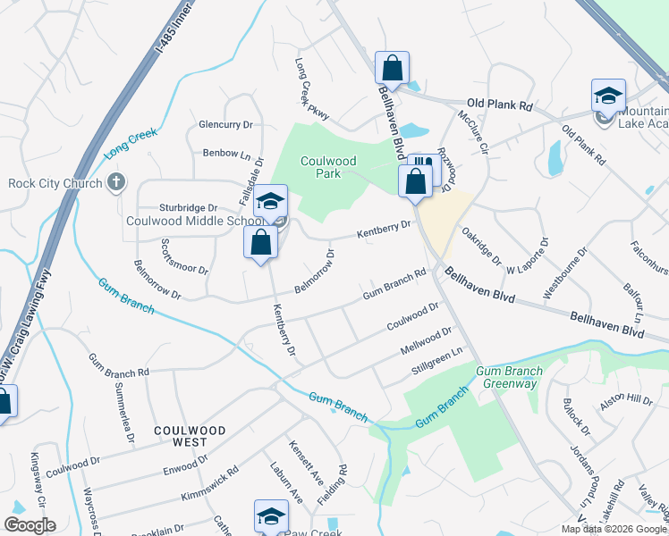 map of restaurants, bars, coffee shops, grocery stores, and more near 225 Belmorrow Drive in Charlotte
