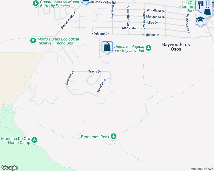 map of restaurants, bars, coffee shops, grocery stores, and more near 369 Travis Drive in Baywood-Los Osos