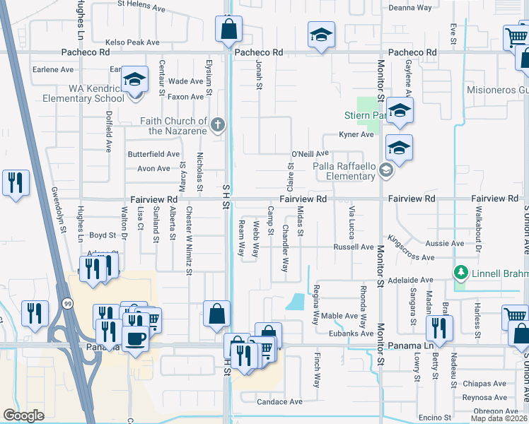 map of restaurants, bars, coffee shops, grocery stores, and more near 1504 Moreland Way in Bakersfield