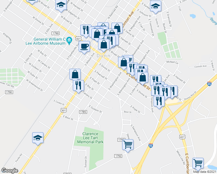 map of restaurants, bars, coffee shops, grocery stores, and more near 406 South Washington Avenue in Dunn