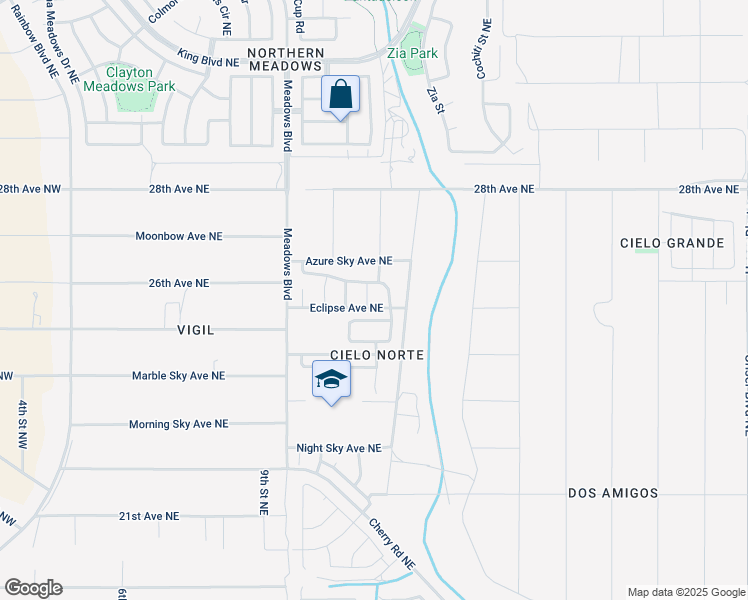 map of restaurants, bars, coffee shops, grocery stores, and more near 2704 Moonglow Drive Northeast in Rio Rancho