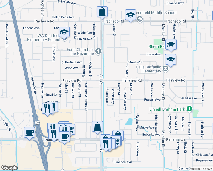 map of restaurants, bars, coffee shops, grocery stores, and more near 1608 Moreland Way in Bakersfield