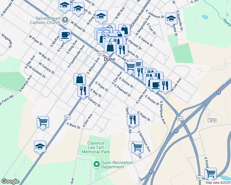 map of restaurants, bars, coffee shops, grocery stores, and more near 406 South Washington Avenue in Dunn