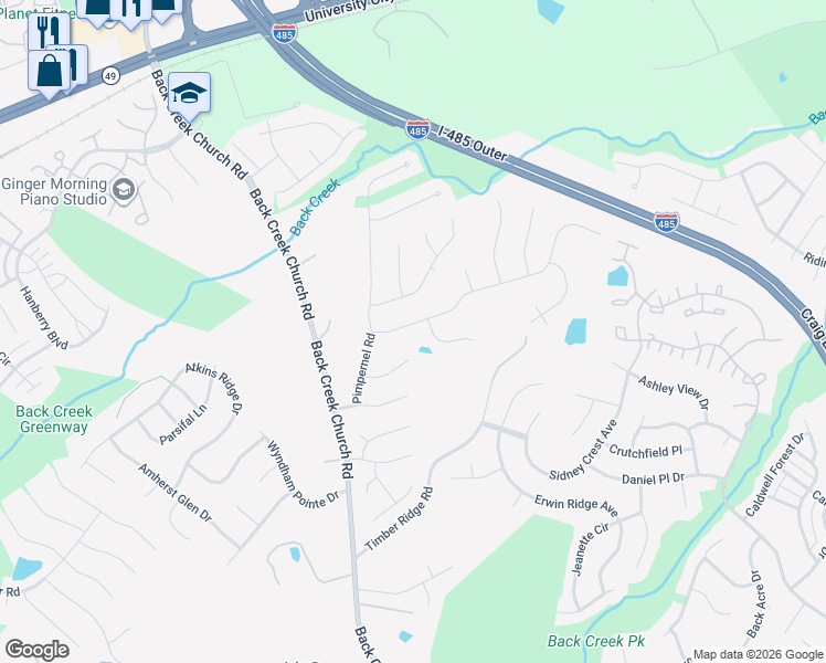 map of restaurants, bars, coffee shops, grocery stores, and more near 2510 Adonis Court in Charlotte