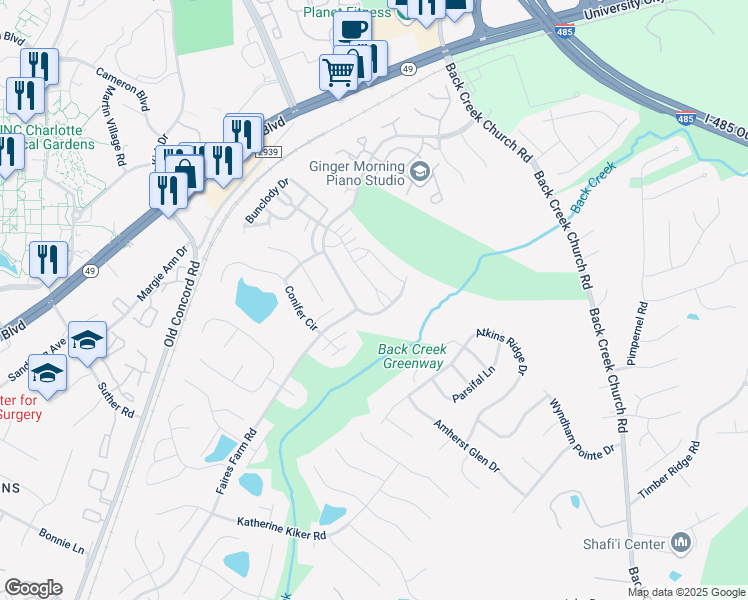 map of restaurants, bars, coffee shops, grocery stores, and more near 10707 Derryrush Drive in Charlotte