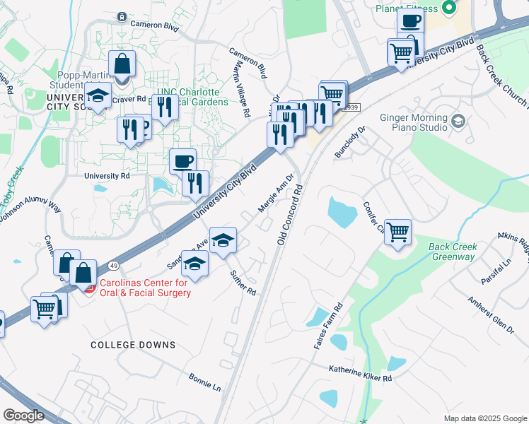 map of restaurants, bars, coffee shops, grocery stores, and more near 1600 Arlyn Circle in Charlotte