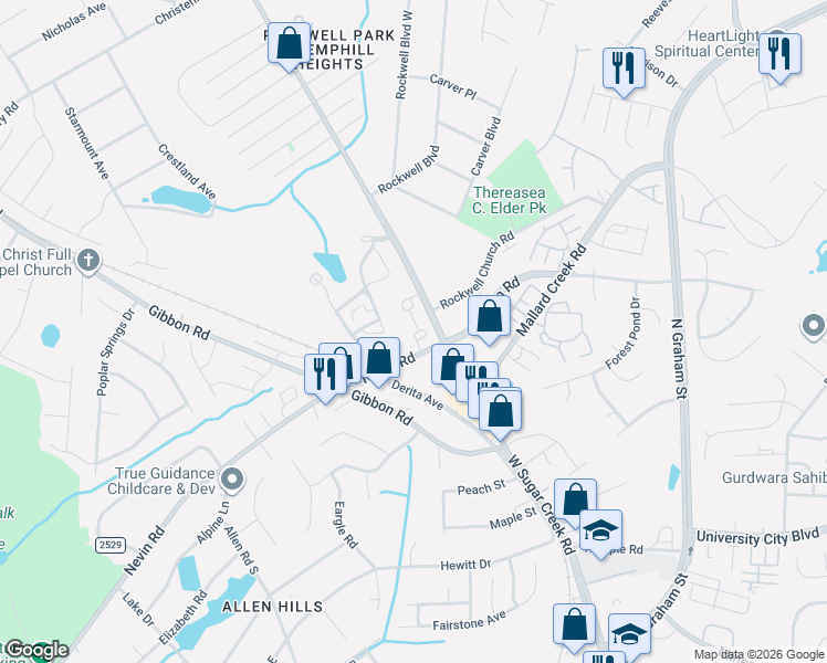 map of restaurants, bars, coffee shops, grocery stores, and more near 3039 Nevin Place Drive in Charlotte