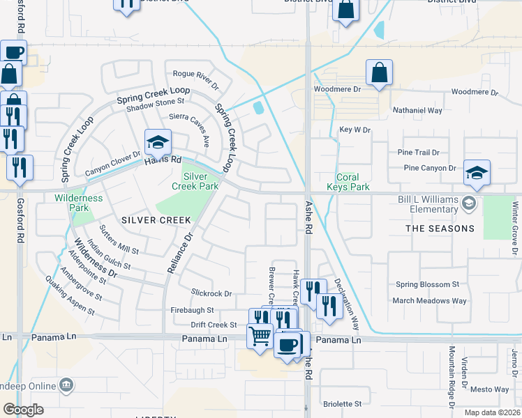 map of restaurants, bars, coffee shops, grocery stores, and more near 5709 Arc Dome Avenue in Bakersfield
