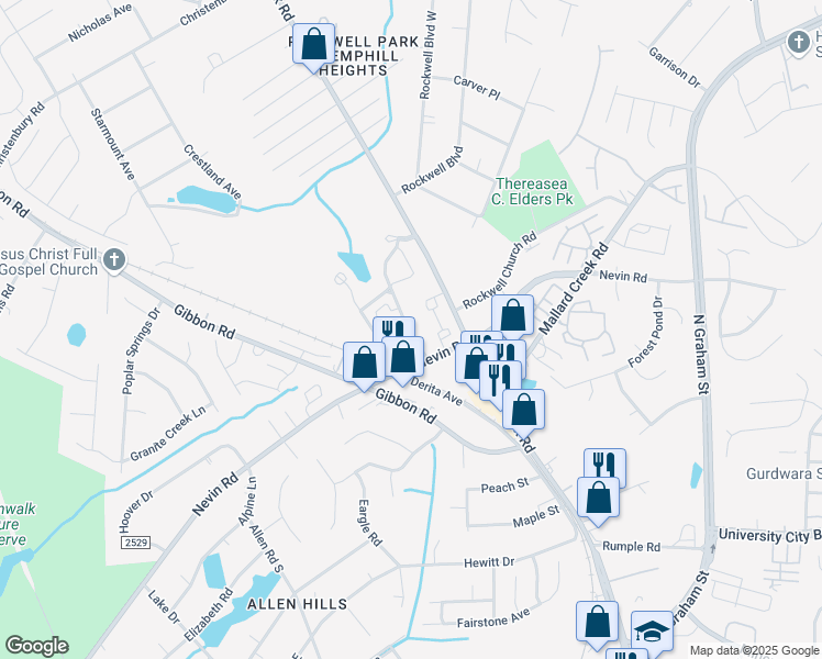 map of restaurants, bars, coffee shops, grocery stores, and more near 3030 Village Glen Lane in Charlotte