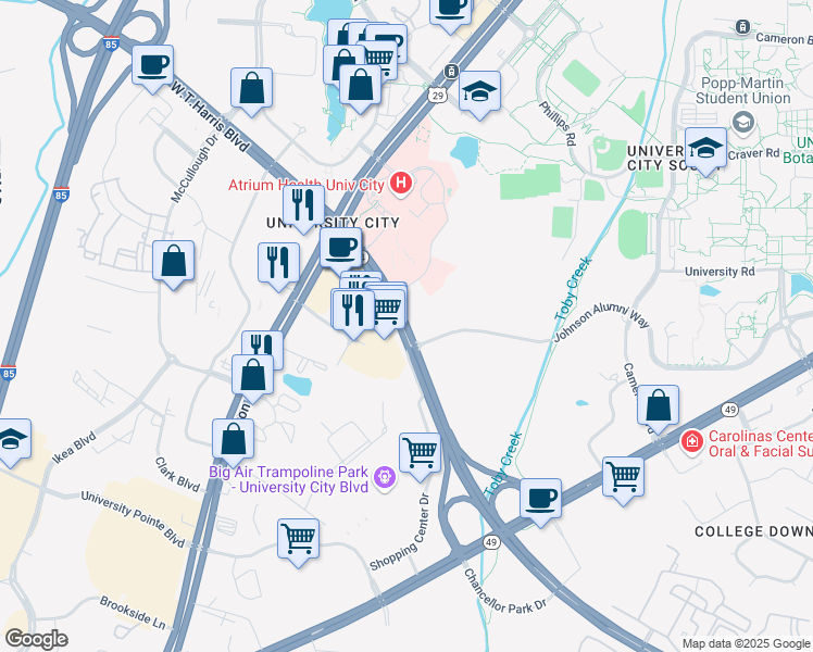 map of restaurants, bars, coffee shops, grocery stores, and more near 409 East W.T. Harris Boulevard in Charlotte