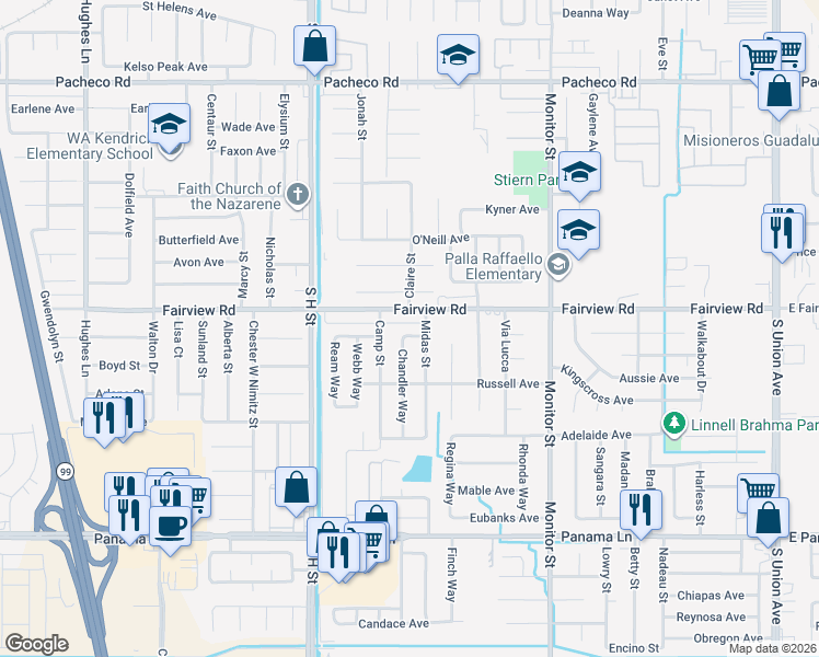 map of restaurants, bars, coffee shops, grocery stores, and more near 1308 Moreland Way in Bakersfield