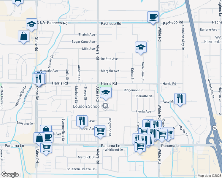 map of restaurants, bars, coffee shops, grocery stores, and more near 3903 Harris Road in Bakersfield