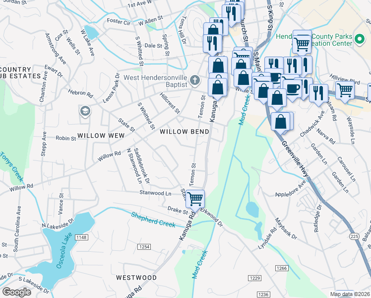 map of restaurants, bars, coffee shops, grocery stores, and more near 1061 Mountain View Street in Hendersonville